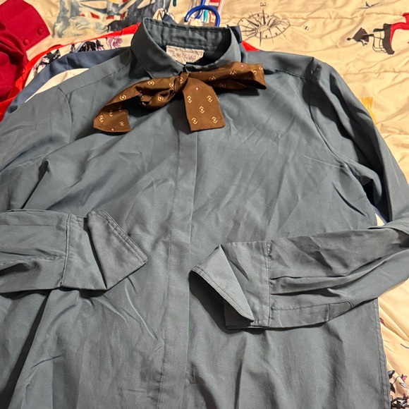 Women's Blue Button Down Shirt with Brown Bow - Picture 1 of 1